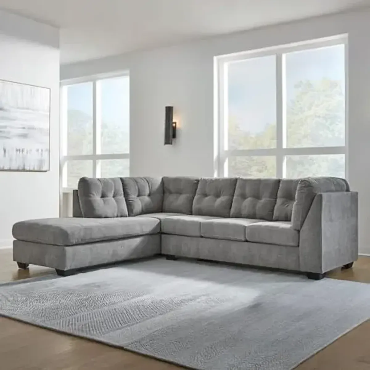 Signature Design by Ashley Marleton Contemporary Left-Arm Facing Tufted 2-Piece Sleeper Sectional with Chaise, Loose Seat Cushions and Bi-Fold Memory Foam Mattress, Full, Light Gray