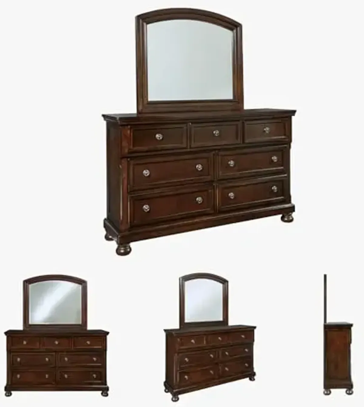 Signature Design by Ashley Porter Traditional Smooth-Gliding 7-Drawer Dresser and Mirror with Safety Stop, Felt-Lined Top Drawers and Pull-Out Tray, Dark Brown