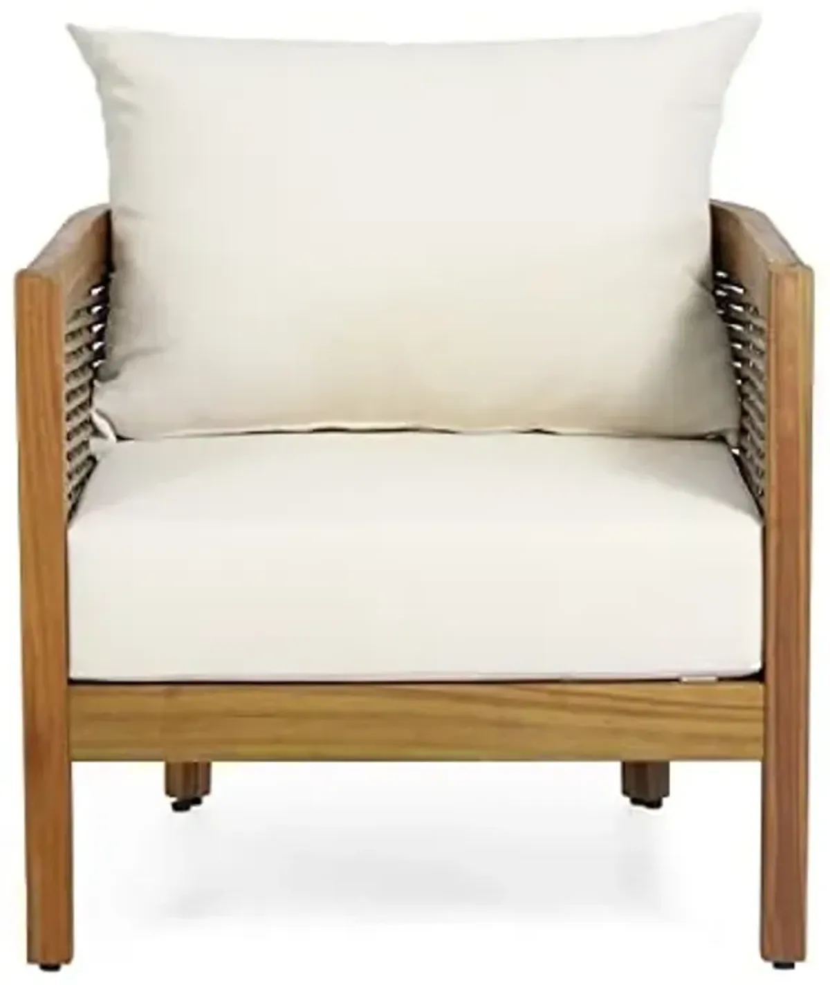 Christopher Knight Home Burchett Outdoor Acacia Wood Club Chair with Cushions, Lounge Chair for Patio Backyard, Stylish Garden Seating, Open Slat Design, PE Rattan Weaving, Brown+Beige