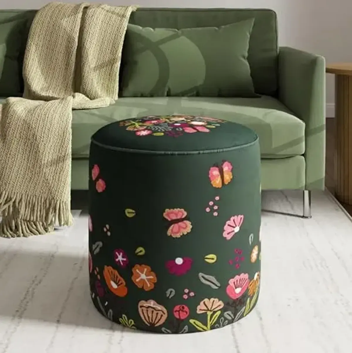 LR Home Indoor Ottoman Pouf for Home décor | Transitional Floral Pouffe for Living Room, Bedroom, Lounge, Nursery, Kidsroom | 17" D x 18" H, Dark Green