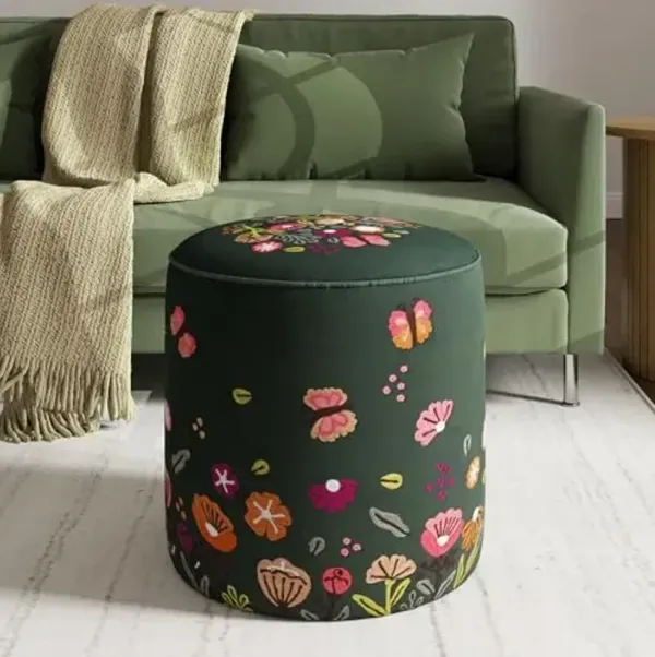 LR Home Indoor Ottoman Pouf for Home décor | Transitional Floral Pouffe for Living Room, Bedroom, Lounge, Nursery, Kidsroom | 17" D x 18" H, Dark Green