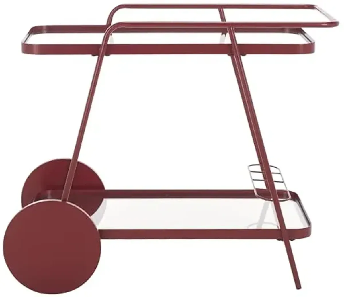SAFAVIEH Home Collection Zunia Brick Red & Clear Glass 2-Tier Kitchen Dining Bar Cart Trolly with Wheels