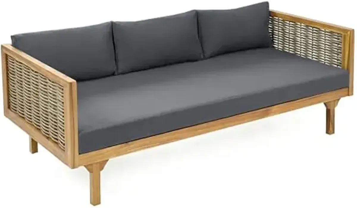 Christopher Knight Home Kestz 67.5'' Outdoor Daybed with Cushions, Acacia Wood 3 Seater Sofa, Slat Panel Patio Lounge Couch, Patio Garden Wood Sofa, Wicker Armrest Design, Teak+Dark Gray