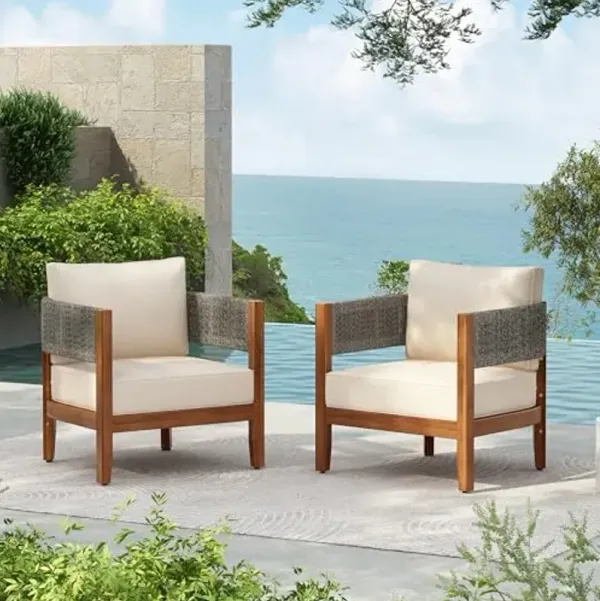Christopher Knight Home Rekker Acacia Wood Outdoor Club Chair Set of 2, Patio Accent Chair with Removable Cushion, Patio Furniture Set Comfy Reading Chair, Wooden Single Lounge Sofa Set, Teak+Beige