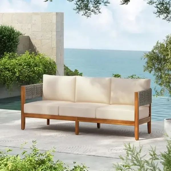 Christopher Knight Home Rekker Patio Acacia Wood 3-Seater Sofa, Patio Furniture Set 3-Seater Outdoor Sofa, Tub Design Outdoor Couch with Woven Rope and Removable Cushion,Comfy Reading Chair,Teak+Beige