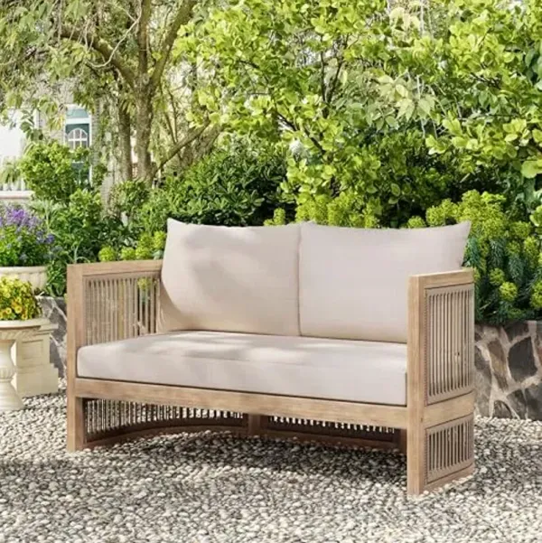 Christopher Knight Home Faine Acacia Wood Outdoor Loveseat Sofa, Patio Loveseat Furniture Set for 2 Seaters, Tub Design Patio Outdoor Sofa Couch with Woven Rope and Removable Cushion, Light Teak+Beige