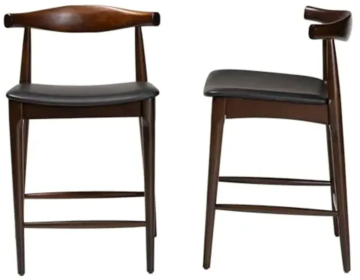 Baxton Studio Eira Counter Stool Set of 2- Walnut Wood Frame Counter-Height Chair with Curved Backrest and Black Faux Leather Seat, Mid-Century Modern Kitchen Island Seating