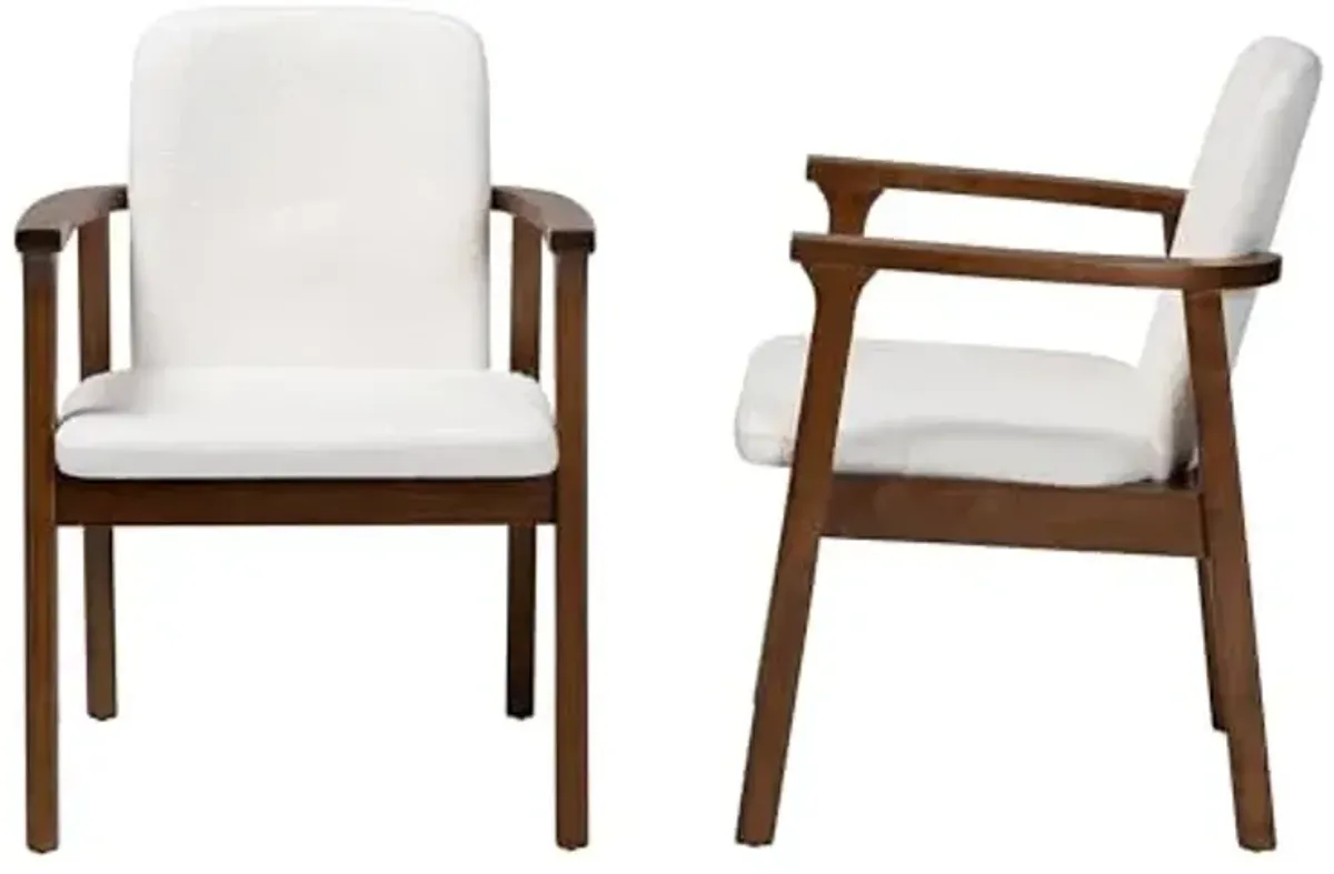 Baxton Studio Miyagi Boucle Upholstered Dining Chair Set of 2- Scandinavian Armchair with Solid Wood Frame and Rounded Backrest, Walnut Brown and White