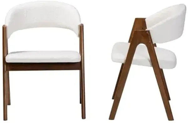 Baxton Studio Virden Boucle Upholstered Dining Chair Set of 2 - Mid-Century Modern Armchair with Solid Wood Frame and Curved Open-Back Design, Walnut Brown and White