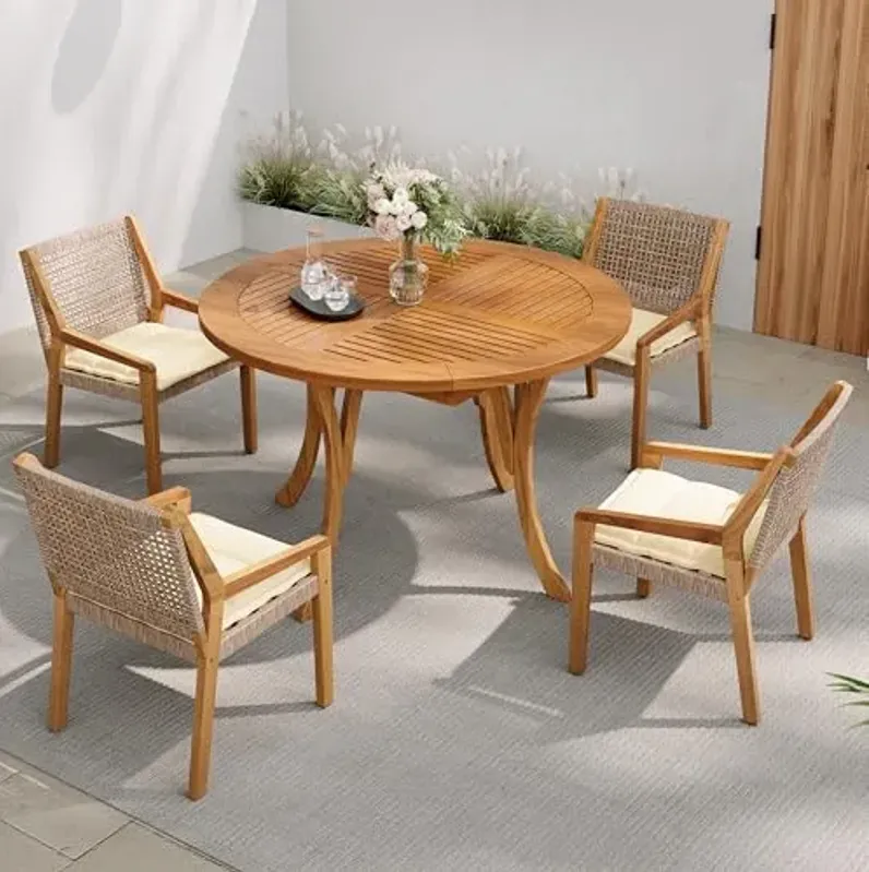 Christopher Knight Home Verle Wooden Patio Dining Set for 4, Acacia Wood Outdoor Dining Table Set for 4, 5 Piece Outdoor Dining Set with Round Table and Armchair with Seat Cushion, Teak+Beige