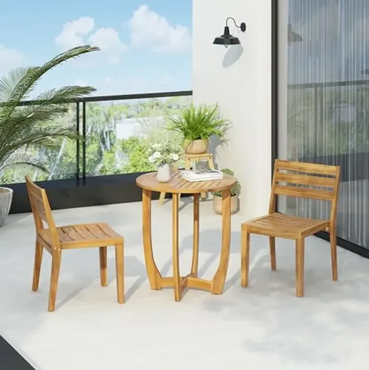 Christopher Knight Home Jayme Outdoor 2 Seater Bistro Set, Acacia Wood Dining Chairs and Table, Slats Panel Design Round Table, Wooden Frame, 3 Pieces Dining Set for Balcony Backyard Garden, Teak