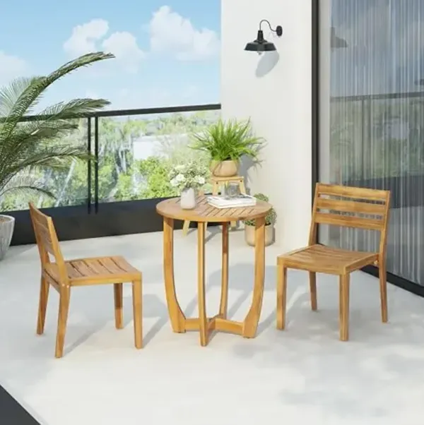 Christopher Knight Home Jayme Outdoor 2 Seater Bistro Set, Acacia Wood Dining Chairs and Table, Slats Panel Design Round Table, Wooden Frame, 3 Pieces Dining Set for Balcony Backyard Garden, Teak