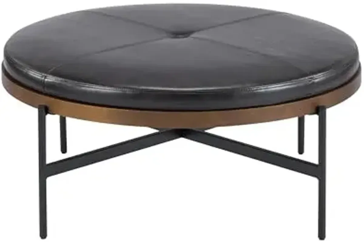 Christopher Knight Home Neapo Modern Round Ottoman Coffee Table, Faux Leather Cocktail Ottoman for Living Room Sofa, Entryway Comfortable Footstool, Durable Metal Frame Ottoman Foot Rest, Dark Brown