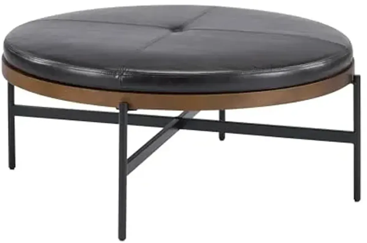 Christopher Knight Home Neapo Modern Round Ottoman Coffee Table, Faux Leather Cocktail Ottoman for Living Room Sofa, Entryway Comfortable Footstool, Durable Metal Frame Ottoman Foot Rest, Dark Brown