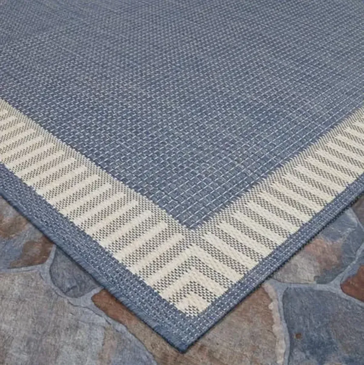 Couristan Recife Indoor Outdoor Rug - Wicker Stitch 7'6" x 10'9" Rectangle in Ivory and Blue, Hose Washable, Low Pile, Pet- Kid Friendly Home Decor for Living Room, Patio Furniture Set, Kitchen