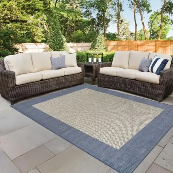 Couristan Recife Indoor Outdoor Rug - Checkered Field 7'6" x 10'9" Rectangle in Ivory and Blue, Hose Washable, Low Pile, Pet- Kid Friendly Home Decor for Living Room, Patio Furniture Set, Kitchen