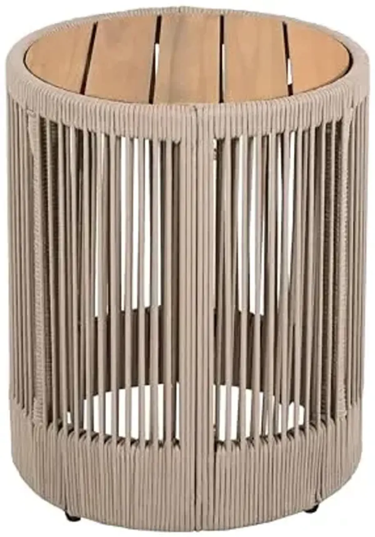 Christopher Knight Home Aueket Rustic Acacia Wood Side Table, 15" Round Farmhouse Outdoor Patio Sofa Side Table, Boho Home Decor, Iron Frame Rope Design, 175 lbs Capacity, Easy Assembly, Teak+ Beige