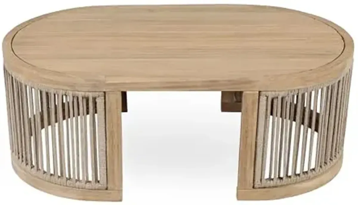 Christopher Knight Home Buekaz Outdoor Acacia Wood Coffee Table with Woven Rope Accents, Outdoor Patio Slatted Oval Centerpiece, Boho Chic Garden Sofa Side Accent Table for Modern Decor, Light Teak