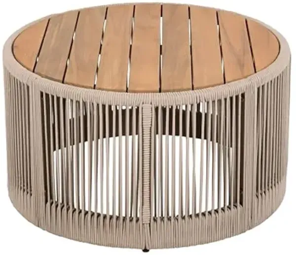 Christopher Knight Home Aueket Rustic Acacia Wood Coffee Table, 26" Round Farmhouse Outdoor Patio Center Table, Boho Home Decor, Iron Frame Rope Design, 220lbs Capacity, Easy Assembly, Teak+ Beige