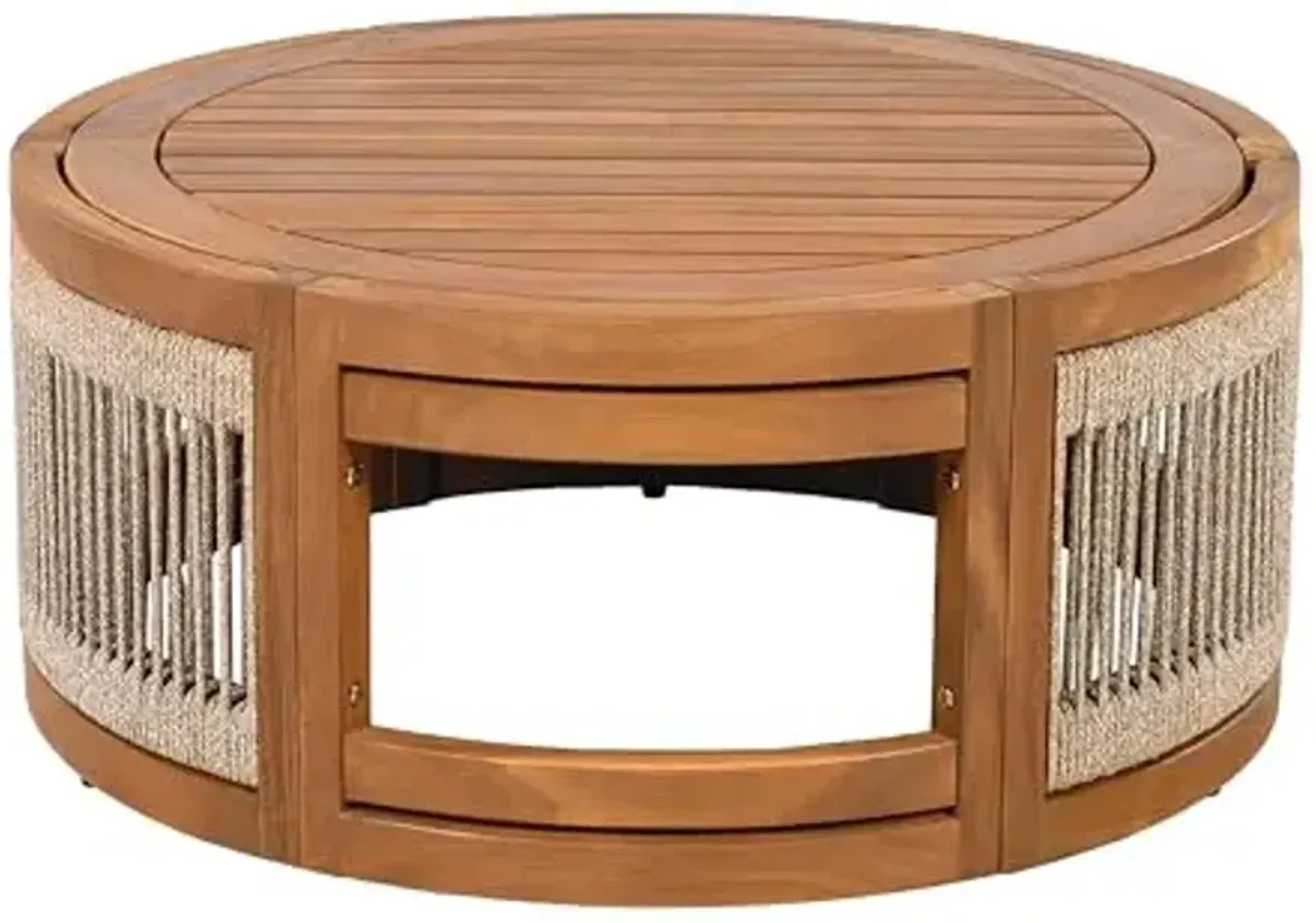 Christopher Knight Home Puekest Acacia Wood Coffee Table with Woven Rope Accents, Outdoor Patio Slatted Round Centerpiece, Boho Chic Garden Sofa Side Accent Table for Modern Decor, 27.95" W, Teak