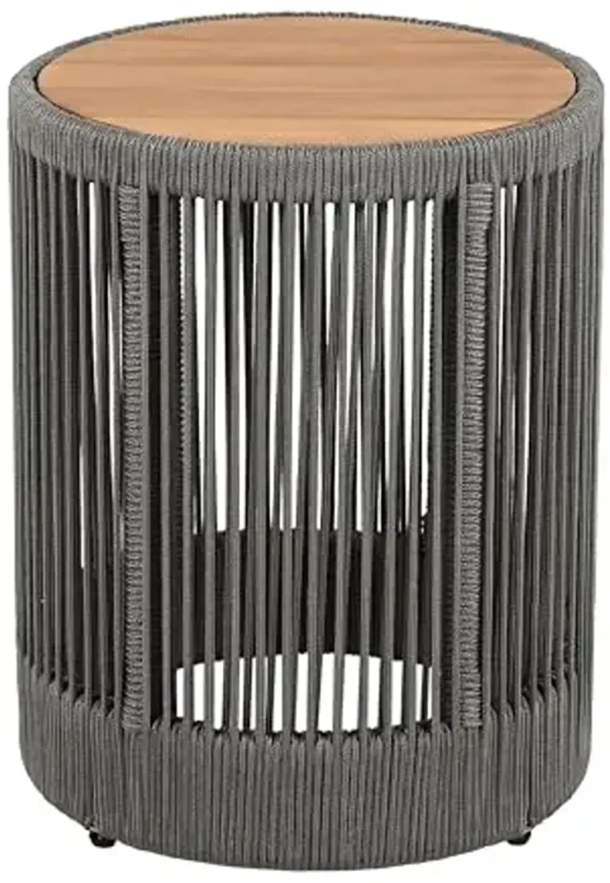 Christopher Knight Home Aueket Rustic Acacia Wood Side Table, 15" Round Farmhouse Outdoor Patio Sofa Side Table, Boho Home Decor, Iron Frame Rope Design, 175 lbs Capacity, Easy Assembly, Teak+ Gray