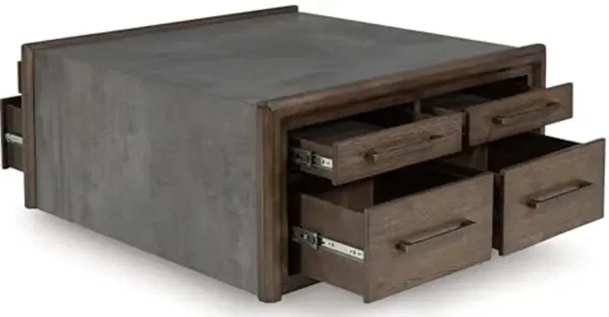 Signature Design by Ashley Kallenny Contemporary 8-Drawer Coffee Table with Faux Cement Top and Casters, Dark Brown & Gray