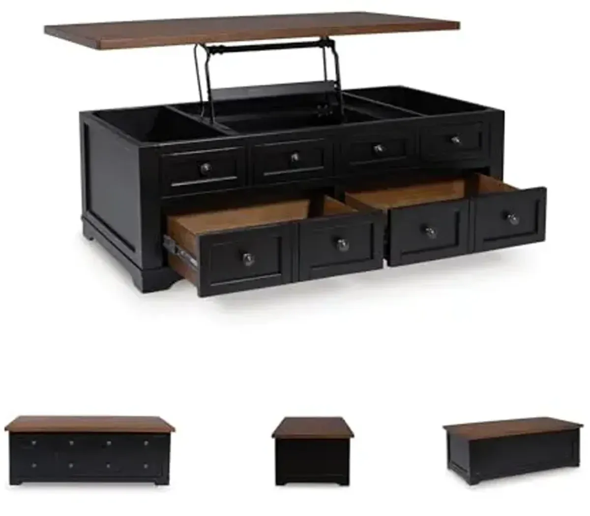 Signature Design by Ashley Wildenauer Lift Top Cocktail Table, Satin Finish Base, 2 Drawers, 2 Storage Bins, Hardwood Solids, 52" W x 28" D x 19" H, Light Brown & Black