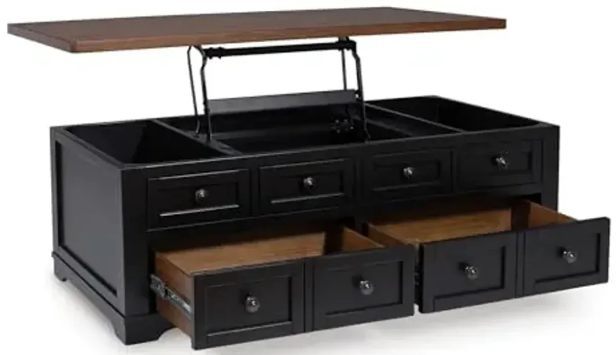 Signature Design by Ashley Wildenauer Lift Top Cocktail Table, Satin Finish Base, 2 Drawers, 2 Storage Bins, Hardwood Solids, 52" W x 28" D x 19" H, Light Brown & Black