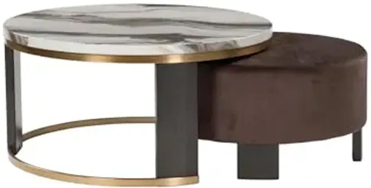 Signature Design by Ashley Jazmore Contemporary Faux Marble Nesting Coffee Table with Velvet Upholstered Ottoman, Set of 2, White & Dark Brown