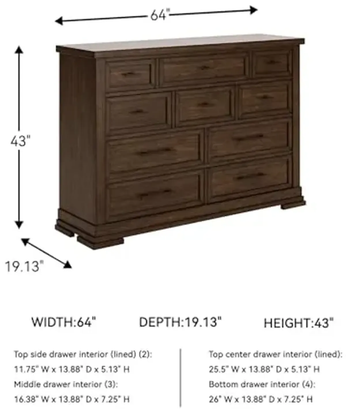 Signature Design by Ashley Taffenbrook Farmhouse 10-Drawer Bedroom Dresser with Felt-Lined Top Drawer for Jewelry and Delicates, Easy Glide Drawers, Picture Frame Moulding, Black Handles, Dark Brown
