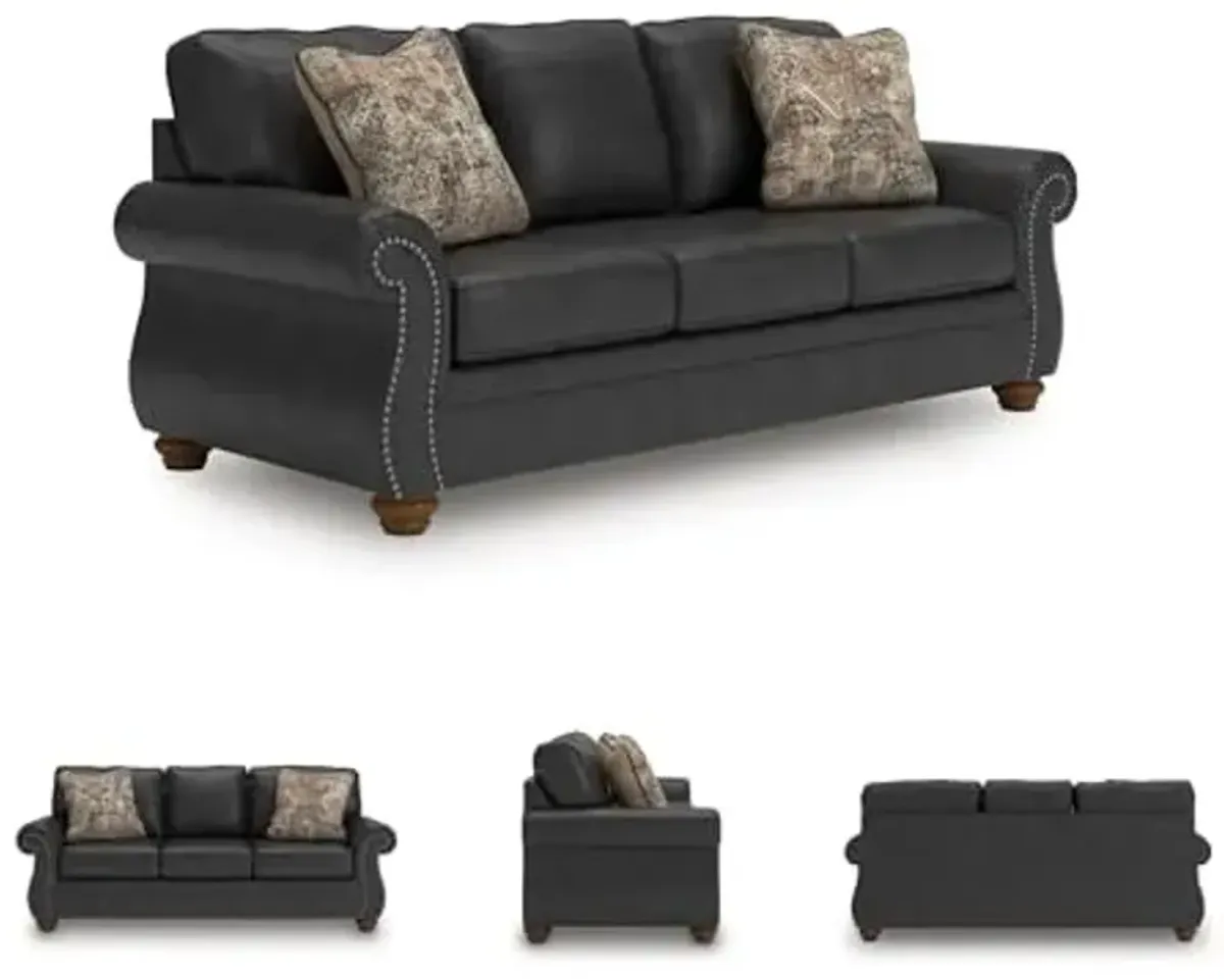 Signature Design by Ashley Chatterton Rustic Faux Leather Queen Sofa Sleeper with Bi-Fold Memory Foam Mattress, Nailhead Trim and 2 Throw Pillows, Queen, Black