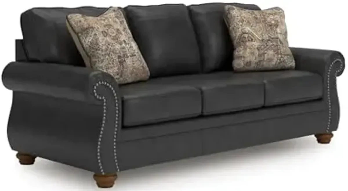 Signature Design by Ashley Chatterton Rustic Faux Leather Queen Sofa Sleeper with Bi-Fold Memory Foam Mattress, Nailhead Trim and 2 Throw Pillows, Queen, Black