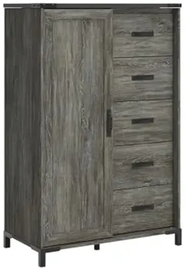 Signature Design by Ashley Frandern Vintage 5-Drawer Dressing Chest with Shelves Behind Hinged Cabinet for Bedroom, Gray