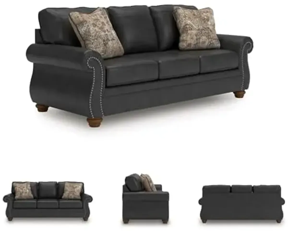 Signature Design by Ashley Chatterton Rustic Faux Leather Sofa with Nailhead Trim and 2 Throw Pillows, Black