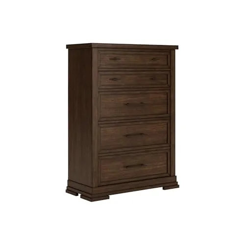 Signature Design by Ashley Taffenbrook Farmhouse 5-Drawer Chest with Felt-Lined Top Drawer and Easy Glide for Bedroom, Dark Brown