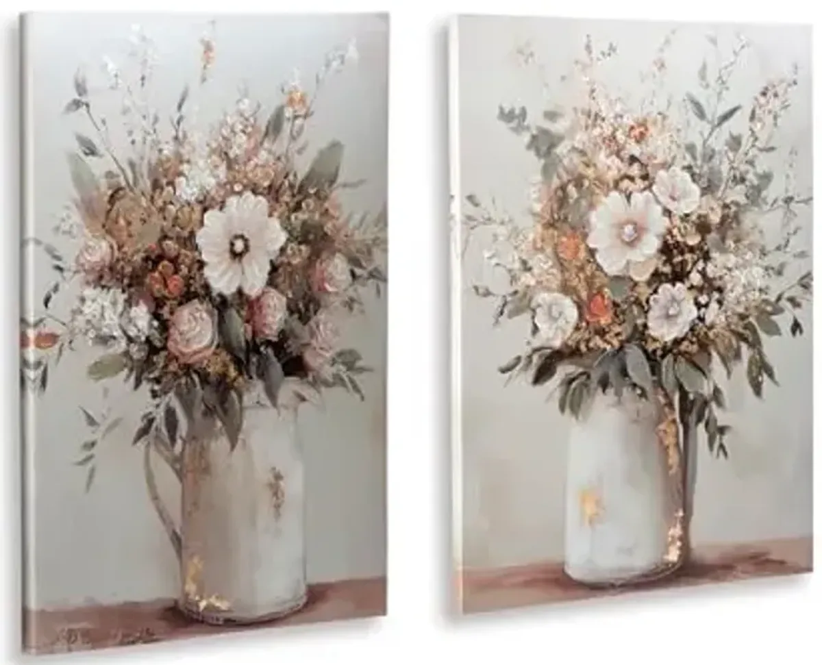 Signature Design by Ashley Faisaldon Farmhouse Hand Painted Flower Wall Art 25 x 36 Inches, Set of 2, Pink & Green