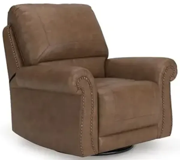 Signature Design by Ashley Shadsburne Classic Faux Leather Manual Rocker Swivel Glider Recliner with Nailhead Trim, Brown