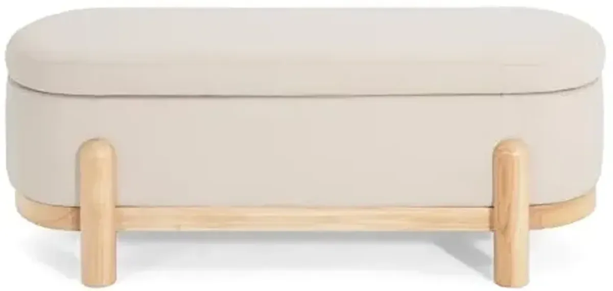 Christopher Knight Home Daggy Upholstered Ottoman with Storage for Living Room, Faux Leather Modern Storage Ottoman Foot Rest, Bedroom Oval End of Bed Bench with Wooden Frame, Beige