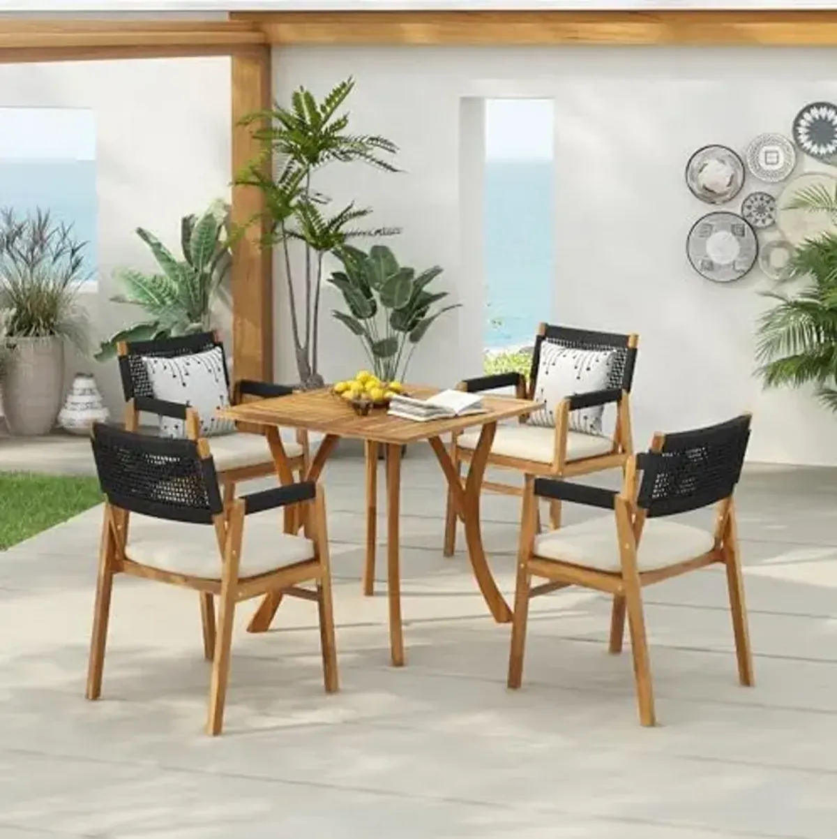 Christopher Knight Home Braum Dining Table Set for 4, Acacia Wood Dining Chairs and Slats Panel Design Table, Wooden Frame Outdoor Patio Furniture Set, 5 Pieces Bistro Set for Balcony, Teak+Black