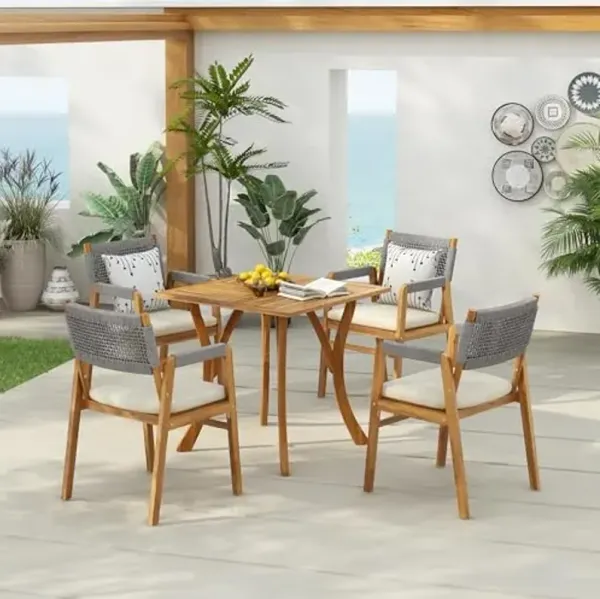 Christopher Knight Home Braum Dining Table Set for 4, Acacia Wood Dining Chairs and Slats Panel Design Table, Wooden Frame Outdoor Patio Furniture Set, 5 Pieces Bistro Set for Balcony, Teak+Grey