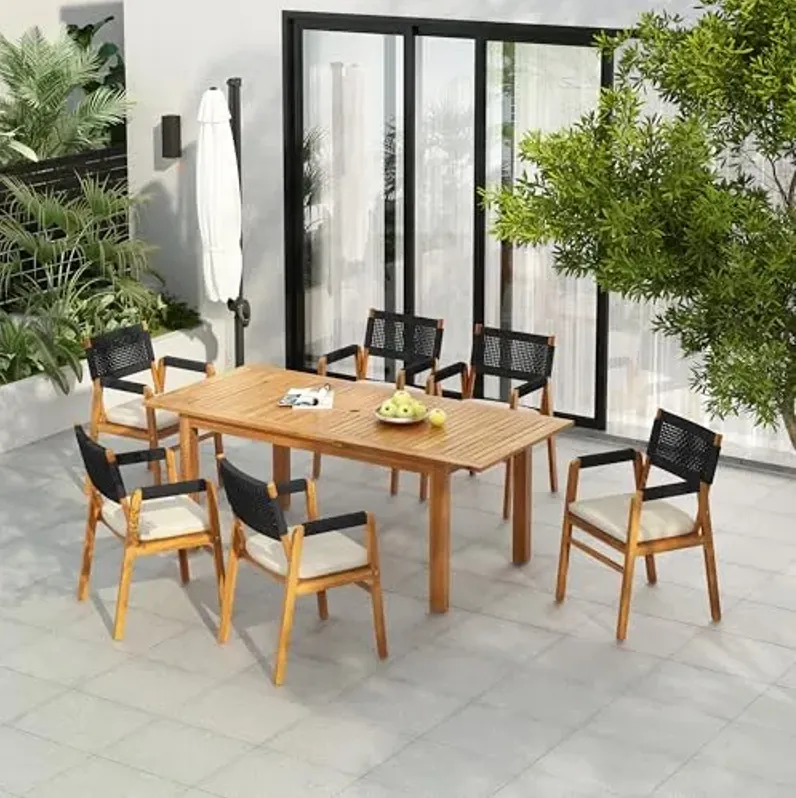 Christopher Knight Home Mundo Wooden Frame Outdoor Patio Furniture Set, Dining Table Set for 6, Acacia Wood Dining Chairs and Expandable Slats Panel Table, 7 Pieces Bistro Set for Balcony, Teak+Black