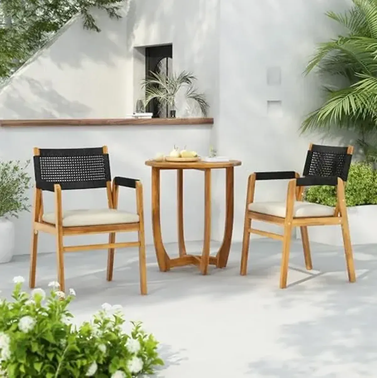 Christopher Knight Home Zed 3 Pieces Outdoor Dining Set, Acacia Wood Dining Chairs and Table, Slats Panel Design Round Table, Wooden Frame, 2 Seater Bistro Set for Balcony Backyard Garden, Teak+Black