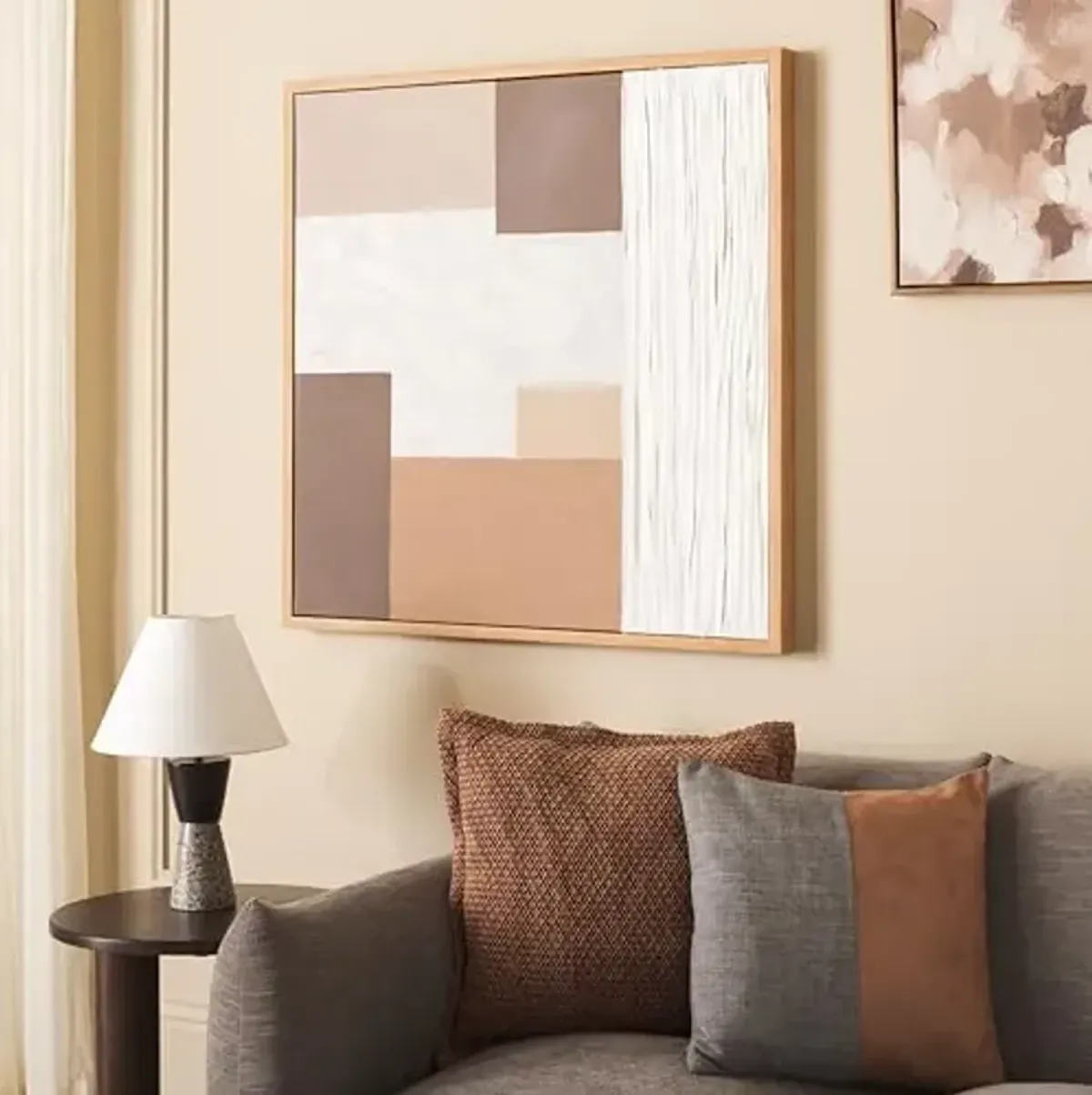 SAFAVIEH Home Collection Neutral Location Framed Mixed Media Art – 36-Inch Square, Brown & Off-White, Mid-Century Modern Wall Décor for Living Room or Office