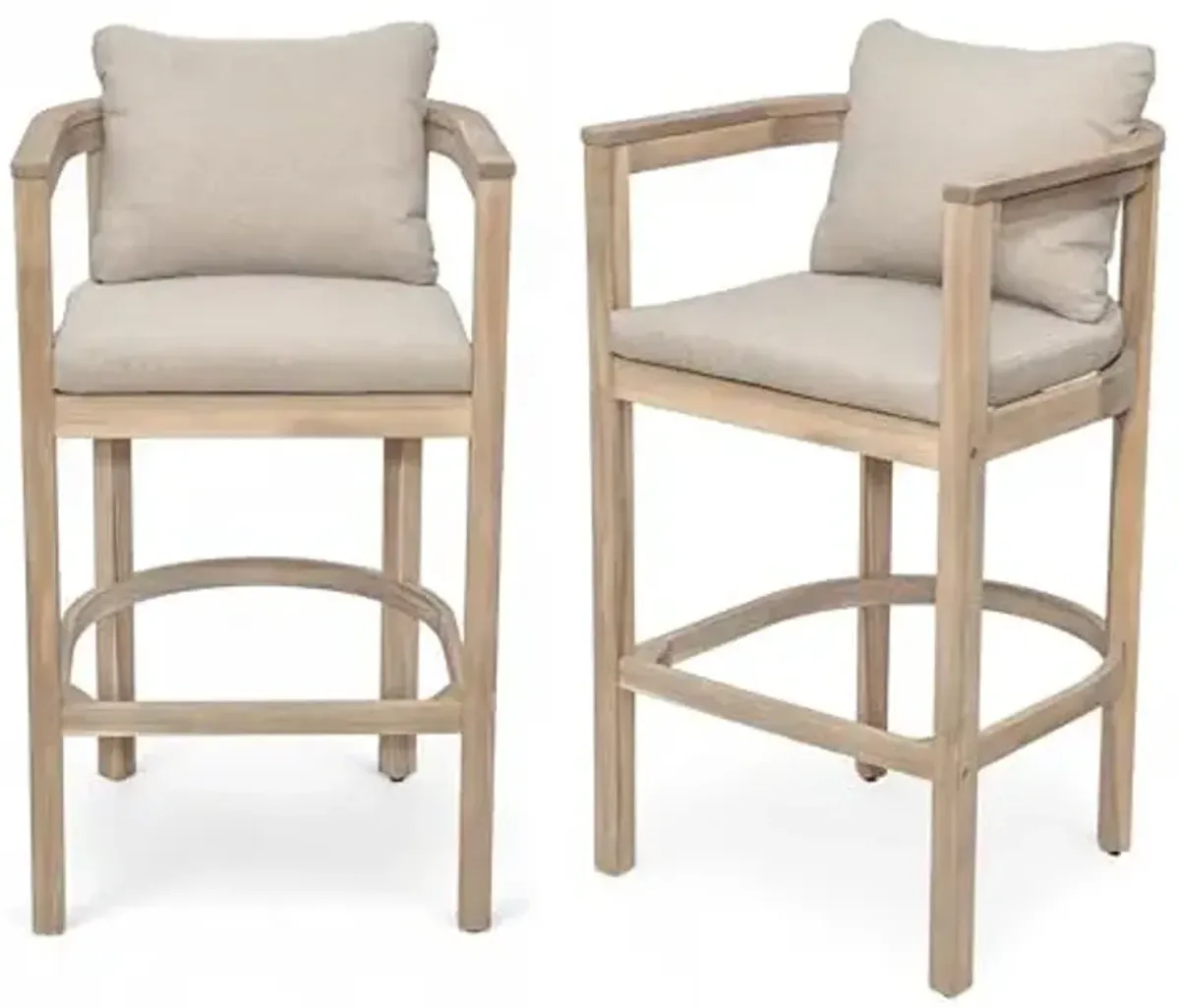 Christopher Knight Home Kuart Acacia Wood Outdoor Bar Stool Set of 2 with Cushion, Patio Armchair Set for Bar Table, Wooden Counter Height Patio Bar Stool with Footrest, Natural Washed+Beige