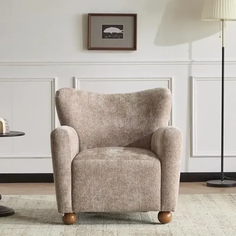 Christopher Knight Home Lindy Wingback Accent Chair, Upholstered Armchair with Rounded Wooden Legs, Curved Backrest Single Sofa, Soft Cushion Seating, Comfy Lounge Chair for Living Room, Beige Brown