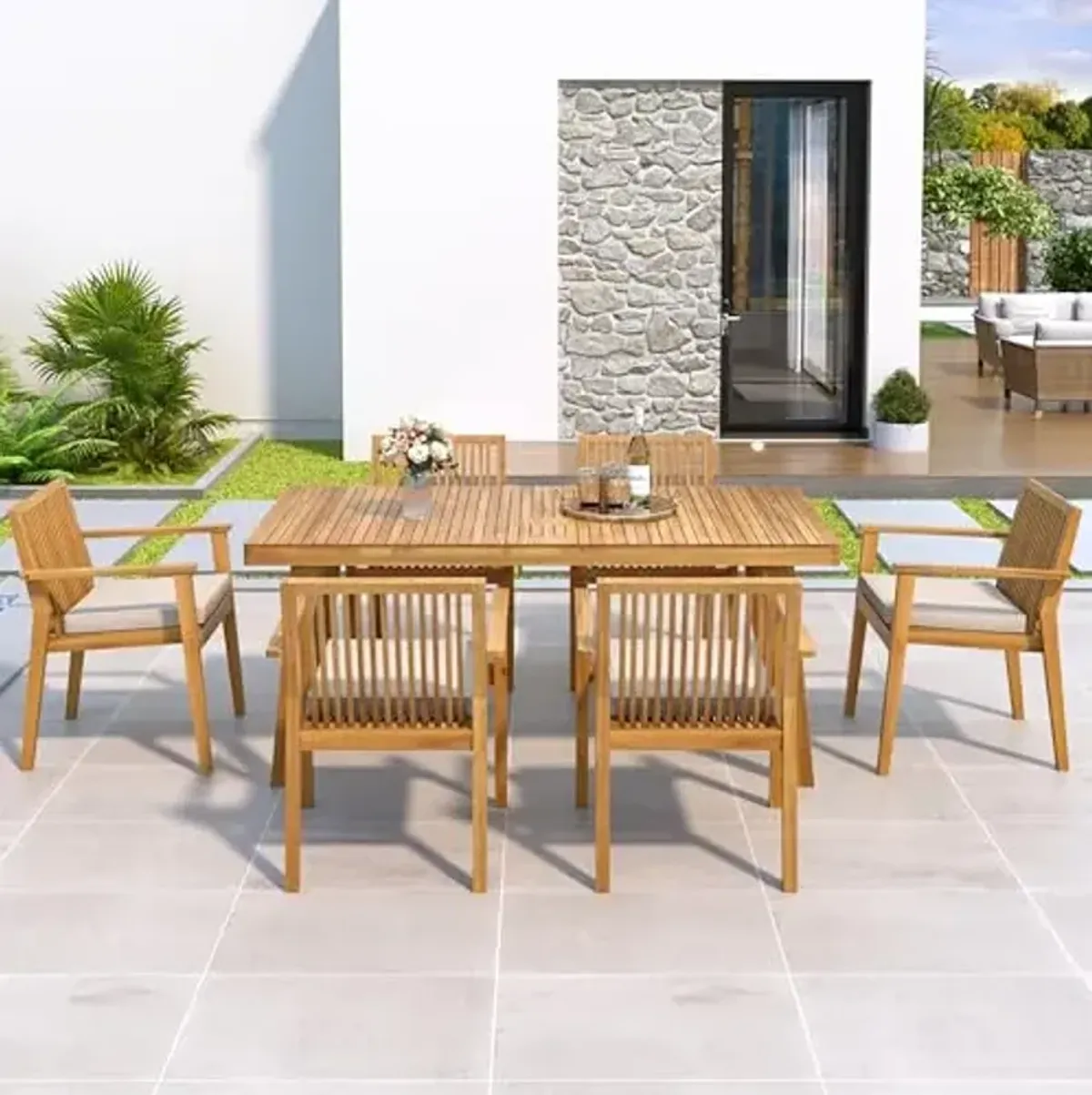Christopher Knight Home Roxy Acacia Wood Patio Dining Set for 6, Acacia Wood Outdoor Dining Table Set for 6, 7 Piece Outdoor Dining Armchair Set with Rectangular Table and Cushion, Teak+Beige