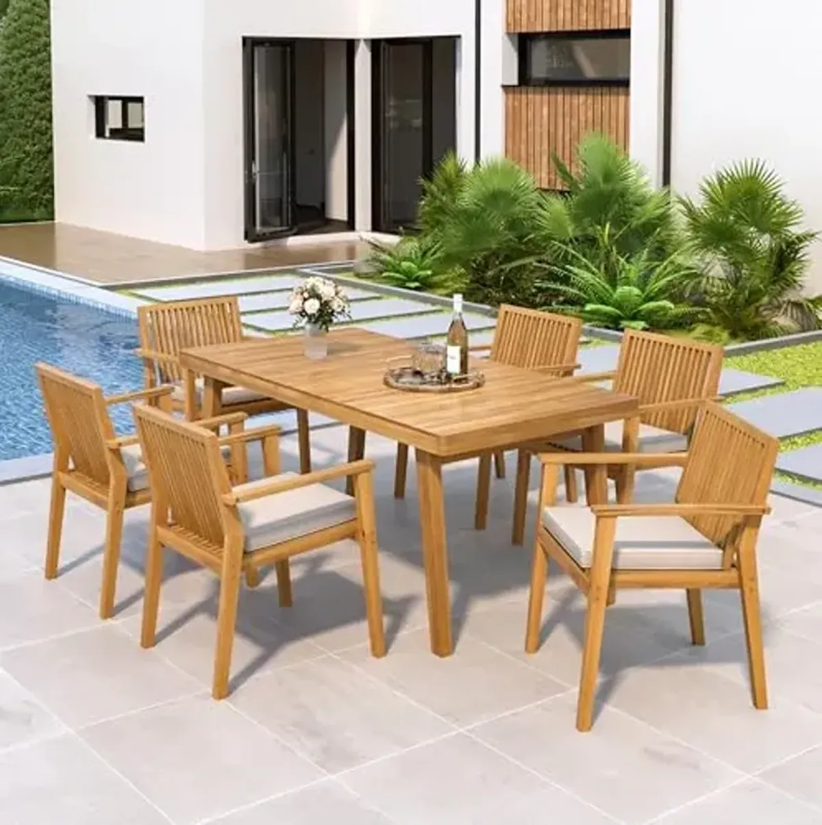 Christopher Knight Home Roxy Acacia Wood Patio Dining Set for 6, Acacia Wood Outdoor Dining Table Set for 6, 7 Piece Outdoor Dining Armchair Set with Rectangular Table and Cushion, Teak+Beige