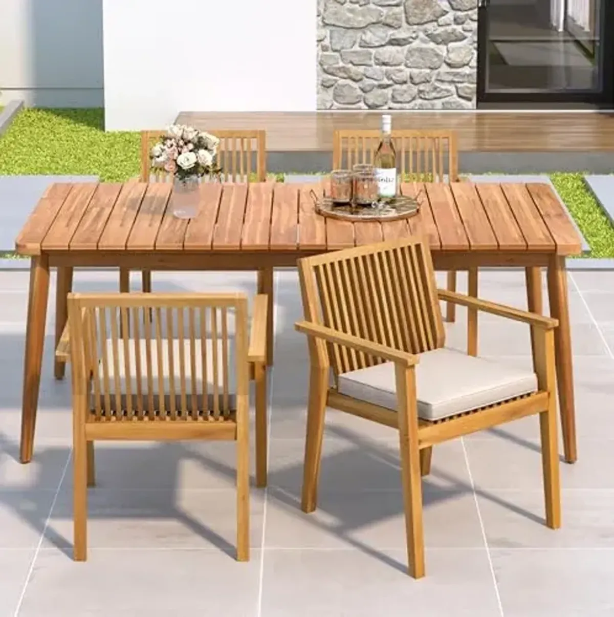 Christopher Knight Home Peggy Acacia Wood Patio Dining Set for 4, Acacia Wood Outdoor Dining Table Set for 4, 5 Piece Outdoor Dining Armchair Set with Rectangular Table and Cushion, Teak+Beige