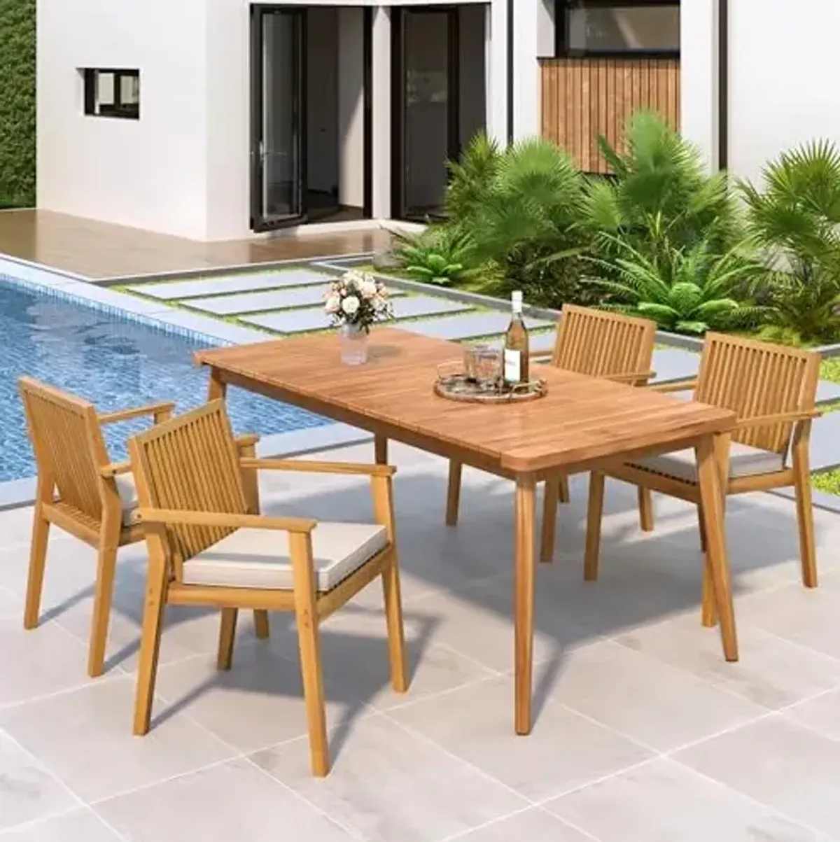 Christopher Knight Home Peggy Acacia Wood Patio Dining Set for 4, Acacia Wood Outdoor Dining Table Set for 4, 5 Piece Outdoor Dining Armchair Set with Rectangular Table and Cushion, Teak+Beige