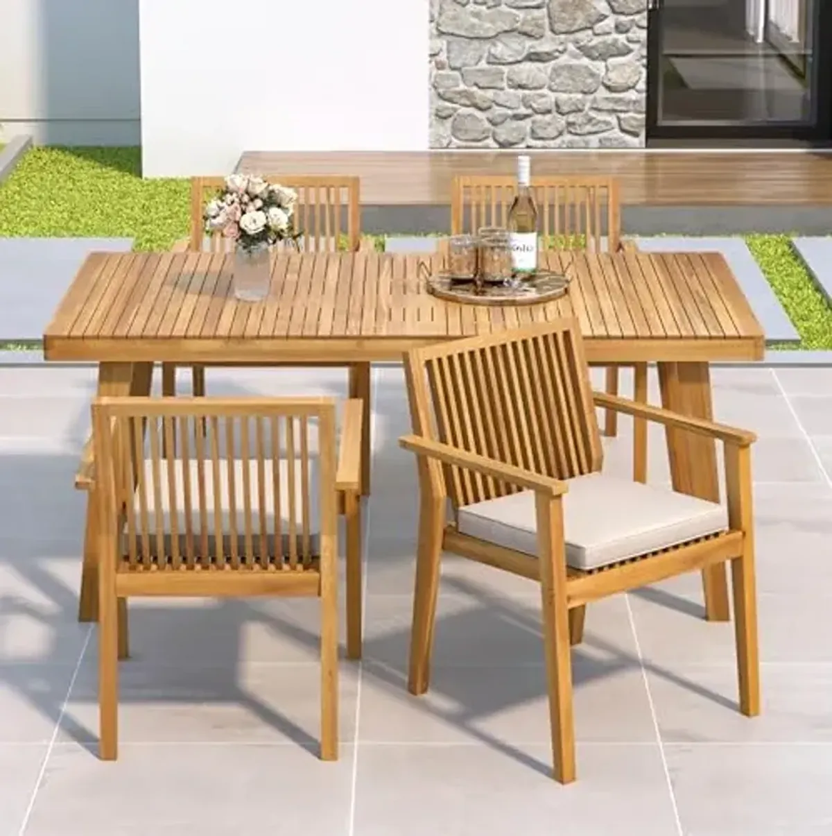Christopher Knight Home Roxy Acacia Wood Patio Dining Set for 4, Acacia Wood Outdoor Dining Table Set for 4, 5 Piece Outdoor Dining Armchair Set with Rectangular Table and Cushion, Teak+Beige
